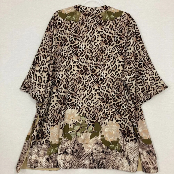 Chico's Brown Leopard Floral Print Open Front Side Slit Kimono Small/Medium - Picture 10 of 11